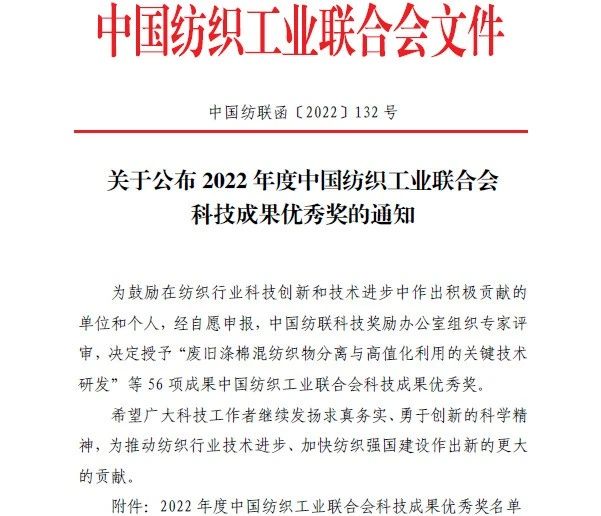 太阳成集团tyc7111cc荣获“2022年度中国纺